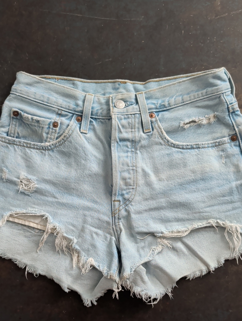 Levi's 501 Light Blue Distressed Butterfly Cutoff Shorts